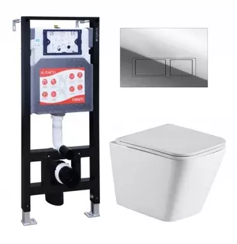 Комплект 3 в 1 инсталляция ESBANO FRAM + Подвесной унитаз WeltWasser Gelbach 043 GL-WT + кнопка хром глянцевая