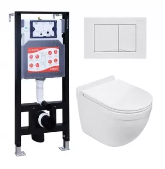 Комплект 3 в 1 инсталляция ESBANO FRAM + Подвесной унитаз WeltWasser Heimbach 043 GL-WT + кнопка белая глянцевая