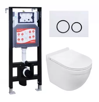 Комплект 3 в 1 инсталляция ESBANO FRAM + Подвесной унитаз WeltWasser Heimbach 043 GL-WT + кнопка белая глянцевая