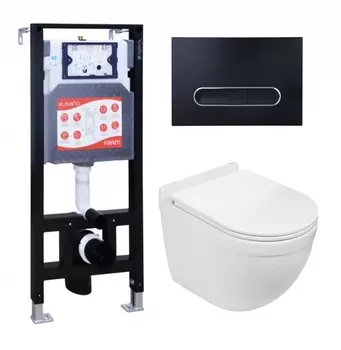 Комплект 3 в 1 инсталляция ESBANO FRAM + Подвесной унитаз WeltWasser Heimbach 043 GL-WT + кнопка черная матовая