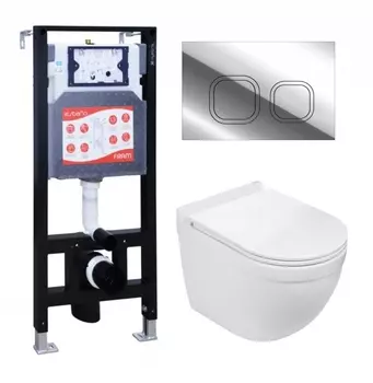 Комплект 3 в 1 инсталляция ESBANO FRAM + Подвесной унитаз WeltWasser Heimbach 043 GL-WT + кнопка хром глянцевая