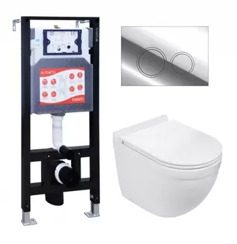 Комплект 3 в 1 инсталляция ESBANO FRAM + Подвесной унитаз WeltWasser Heimbach 043 GL-WT + кнопка хром глянцевая