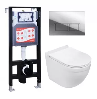 Комплект 3 в 1 инсталляция ESBANO FRAM + Подвесной унитаз WeltWasser Heimbach 043 GL-WT + кнопка хром глянцевая