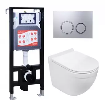 Комплект 3 в 1 инсталляция ESBANO FRAM + Подвесной унитаз WeltWasser Heimbach 043 GL-WT + кнопка хром матовая