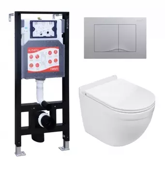 Комплект 3 в 1 инсталляция ESBANO FRAM + Подвесной унитаз WeltWasser Heimbach 043 GL-WT + кнопка хром матовая