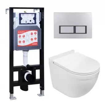 Комплект 3 в 1 инсталляция ESBANO FRAM + Подвесной унитаз WeltWasser Heimbach 041 GL-WT + кнопка хром матовая