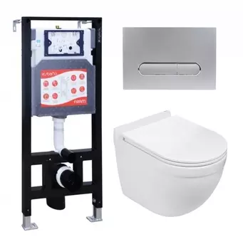 Комплект 3 в 1 инсталляция ESBANO FRAM + Подвесной унитаз WeltWasser Heimbach 043 GL-WT + кнопка хром матовая