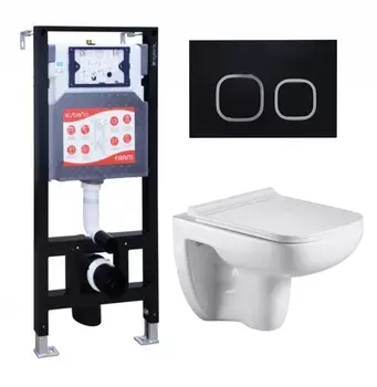 Комплект 3 в 1 инсталляция ESBANO FRAM + Подвесной унитаз WeltWasser Kehlbach 004 GL-WT + кнопка черная матовая