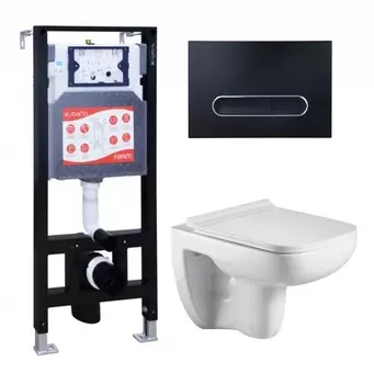 Комплект 3 в 1 инсталляция ESBANO FRAM + Подвесной унитаз WeltWasser Kehlbach 004 GL-WT + кнопка черная матовая