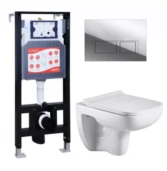 Комплект 3 в 1 инсталляция ESBANO FRAM + Подвесной унитаз WeltWasser Kehlbach 004 GL-WT + кнопка хром глянцевая