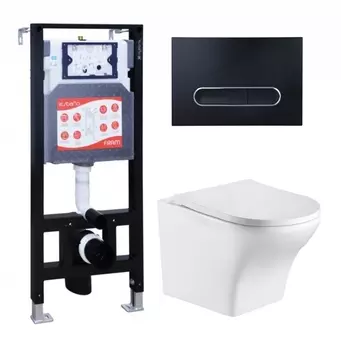 Комплект 3 в 1 инсталляция ESBANO FRAM + Подвесной унитаз WeltWasser Odenbach 004 GL-WT + кнопка черная матовая