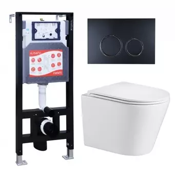 Комплект 3 в 1 инсталляция ESBANO FRAM + Подвесной унитаз WeltWasser Salzbach 043 GL-WT + кнопка черная матовая