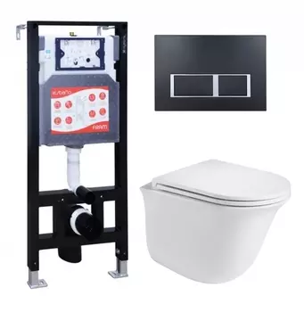 Комплект 3 в 1 инсталляция ESBANO FRAM + Подвесной унитаз WeltWasser Telbach 004 GL-WT + кнопка черная матовая