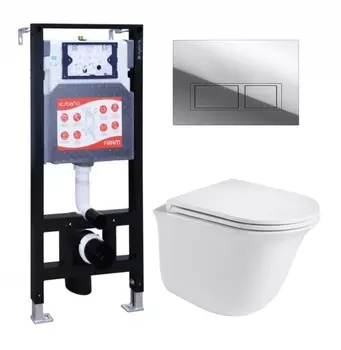 Комплект 3 в 1 инсталляция ESBANO FRAM + Подвесной унитаз WeltWasser Telbach 004 GL-WT + кнопка хром глянцевая