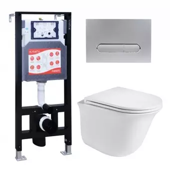 Комплект 3 в 1 инсталляция ESBANO FRAM + Подвесной унитаз WeltWasser Telbach 004 GL-WT + кнопка хром матовая