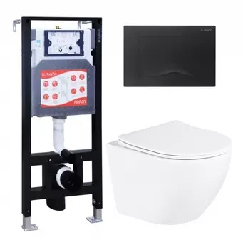 Комплект 3 в 1 инсталляция ESBANO FRAM + Унитаз подвесной BelBagno Uno BB3105CHR/SC + кнопка черная матовая