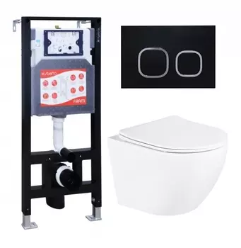 Комплект 3 в 1 инсталляция ESBANO FRAM + Унитаз подвесной BelBagno Uno BB3105CHR/SC + кнопка черная матовая