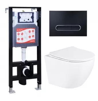 Комплект 3 в 1 инсталляция ESBANO FRAM + Унитаз подвесной BelBagno Uno BB3105CHR/SC + кнопка черная матовая