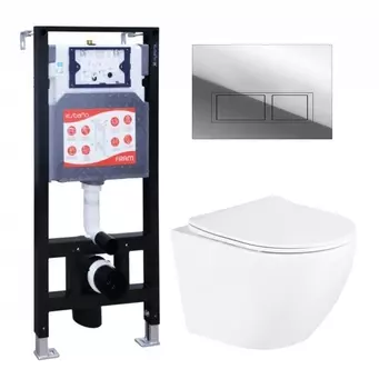 Комплект 3 в 1 инсталляция ESBANO FRAM + Унитаз подвесной BelBagno Uno BB3105CHR/SC + кнопка хром глянцевая