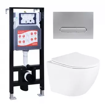 Комплект 3 в 1 инсталляция ESBANO FRAM + Унитаз подвесной BelBagno Uno BB3105CHR/SC + кнопка хром матовая