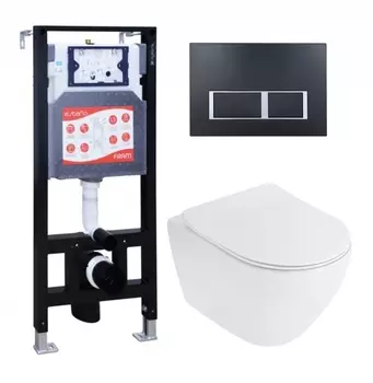 Комплект 3 в 1 инсталляция ESBANO FRAM + Унитаз подвесной Cezares Stylus CZR-513-TH-R + кнопка черная матовая
