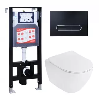 Комплект 3 в 1 инсталляция ESBANO FRAM + Унитаз подвесной Cezares Stylus CZR-513-TH-R + кнопка черная матовая