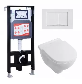 Комплект 3 в 1 инсталляция ESBANO FRAM + Унитаз подвесной Villeroy & Boch O Novo Directflush + кнопка белая глянцевая
