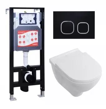 Комплект 3 в 1 инсталляция ESBANO FRAM + Унитаз подвесной Villeroy & Boch O Novo Directflush + кнопка черная матовая