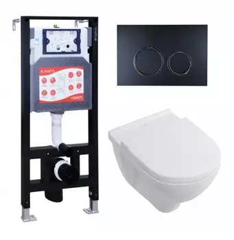Комплект 3 в 1 инсталляция ESBANO FRAM + Унитаз подвесной Villeroy & Boch O Novo Directflush + кнопка черная матовая