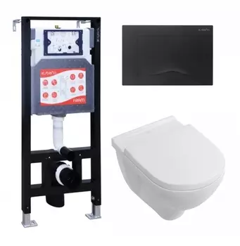 Комплект 3 в 1 инсталляция ESBANO FRAM + Унитаз подвесной Villeroy & Boch O Novo Directflush + кнопка черная матовая