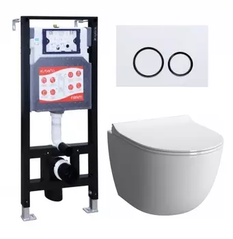 Комплект 3 в 1 инсталляция ESBANO FRAM + Унитаз подвесной VitrA Sento 7748В003-0075 + кнопка белая глянцевая