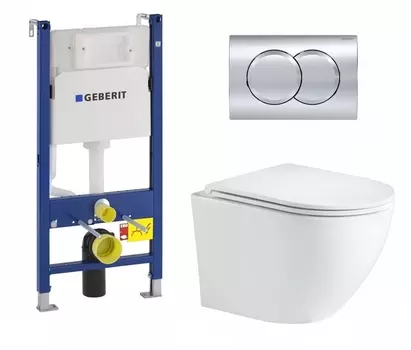 Комплект 3 в 1 инсталляция Geberit Duofix + Подвесной унитаз WeltWasser Merzbach 043 GL-WT микролифт белый + кнопка хром Delta01