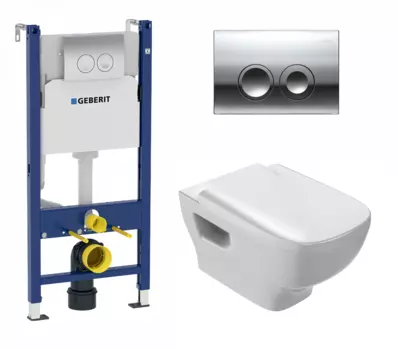 Комплект 3 в 1 инсталляция Geberit Duofix Delta + Унитаз подвесной Jacob Delafon Struktura EDE102-00 + кнопка хром