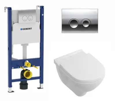 Комплект 3 в 1 инсталляция Geberit Duofix Delta + Унитаз подвесной Villeroy & Boch O Novo Directflush + кнопка хром