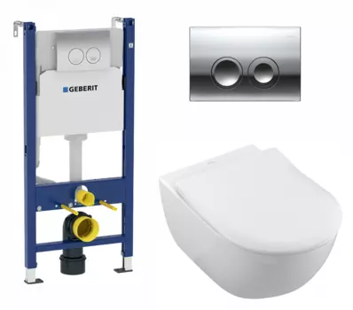 Комплект 3 в 1 инсталляция Geberit Duofix Delta + Унитаз подвесной Villeroy & Boch Subway 2.0 5614R201 + кнопка хром