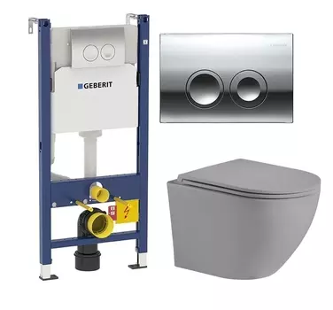Комплект 3 в 1 инсталляция Geberit Duofix Delta + Унитаз подвесной Weltwasser WW Merzbach 043 MT-GR + кнопка хром