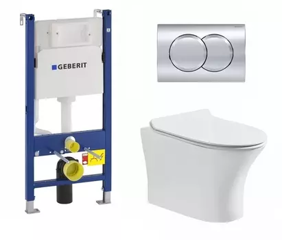 Комплект 3 в 1 инсталляция Geberit Duofix + Подвесной безободковый унитаз CeruttiSpa Bernina aria CT7191 белый + кнопка хром Delta01
