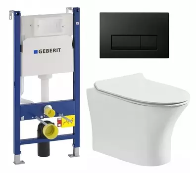 Комплект 3 в 1 инсталляция Geberit Duofix + Подвесной безободковый унитаз CeruttiSpa Bernina aria CT7191 + кнопка черная глянцевая