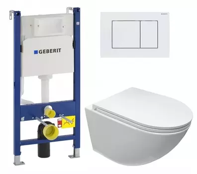 Комплект 3 в 1 инсталляция Geberit Duofix + Подвесной безободковый унитаз Cerutti Spa Sella aria CT9529 Tornado + кнопка белая