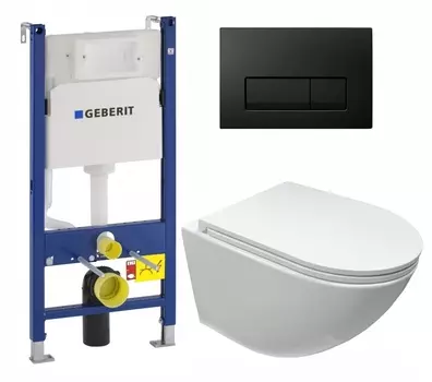 Комплект 3 в 1 инсталляция Geberit Duofix + Подвесной безободковый унитаз Cerutti Spa Sella aria CT9529 Tornado + кнопка черная глянцевая