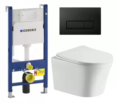 Комплект 3 в 1 инсталляция Geberit Duofix + Подвесной унитаз CeruttiSpa Adige Aria CT7837 + кнопка черная глянцевая