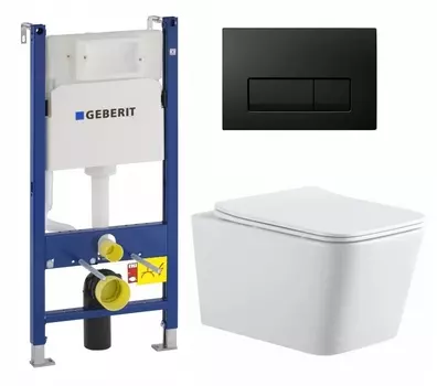 Комплект 3 в 1 инсталляция Geberit Duofix + Подвесной унитаз SinteSi BALTI + кнопка черная глянцевая