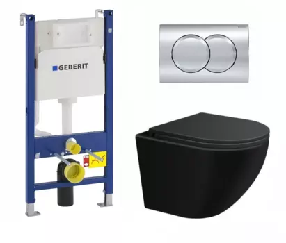 Комплект 3 в 1 инсталляция Geberit Duofix + Подвесной унитаз SinteSi EVI черный, матовый, микролифт + кнопка хром Delta01