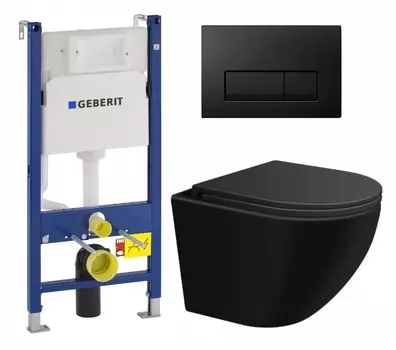 Комплект 3 в 1 инсталляция Geberit Duofix + Подвесной унитаз SinteSi EVI + кнопка черная глянцевая