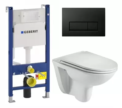Комплект 3 в 1 инсталляция Geberit Duofix + Подвесной унитаз WeltWasser Baarbach 004 GL-WT + кнопка черная глянцевая