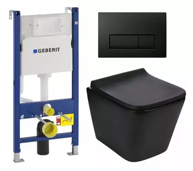 Комплект 3 в 1 инсталляция Geberit Duofix + Подвесной унитаз WeltWasser Gelbach 041 MT-BL + кнопка черная глянцевая