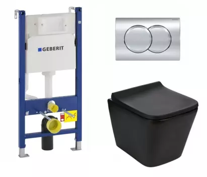 Комплект 3 в 1 инсталляция Geberit Duofix + Подвесной унитаз WeltWasser Gelbach 041 MT-BL микролифт черный + кнопка хром Delta01