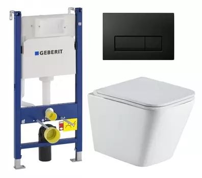 Комплект 3 в 1 инсталляция Geberit Duofix + Подвесной унитаз WeltWasser Gelbach 043 GL-WT + кнопка черная глянцевая