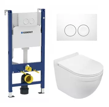Комплект 3 в 1 инсталляция Geberit Duofix + Подвесной унитаз WeltWasser Heimbach 043 GL-WT + белая кнопка