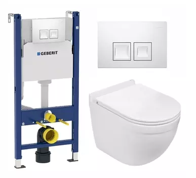 Комплект 3 в 1 инсталляция Geberit Duofix + Подвесной унитаз WeltWasser Heimbach 043 GL-WT + кнопка белая